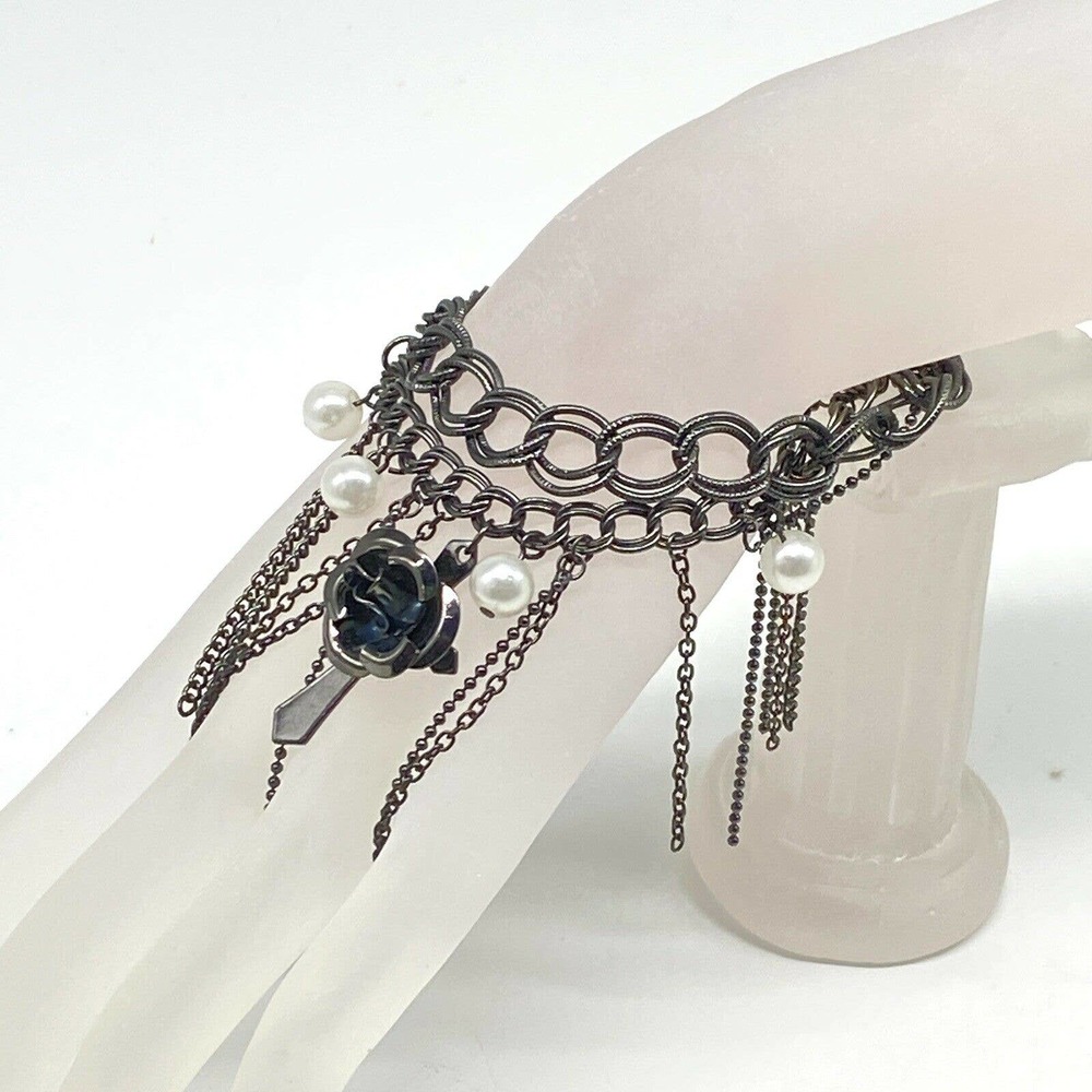 Metal Gray Gothic Victorian Bracelet Estate Jewelry Cross Beads chains toggle‎